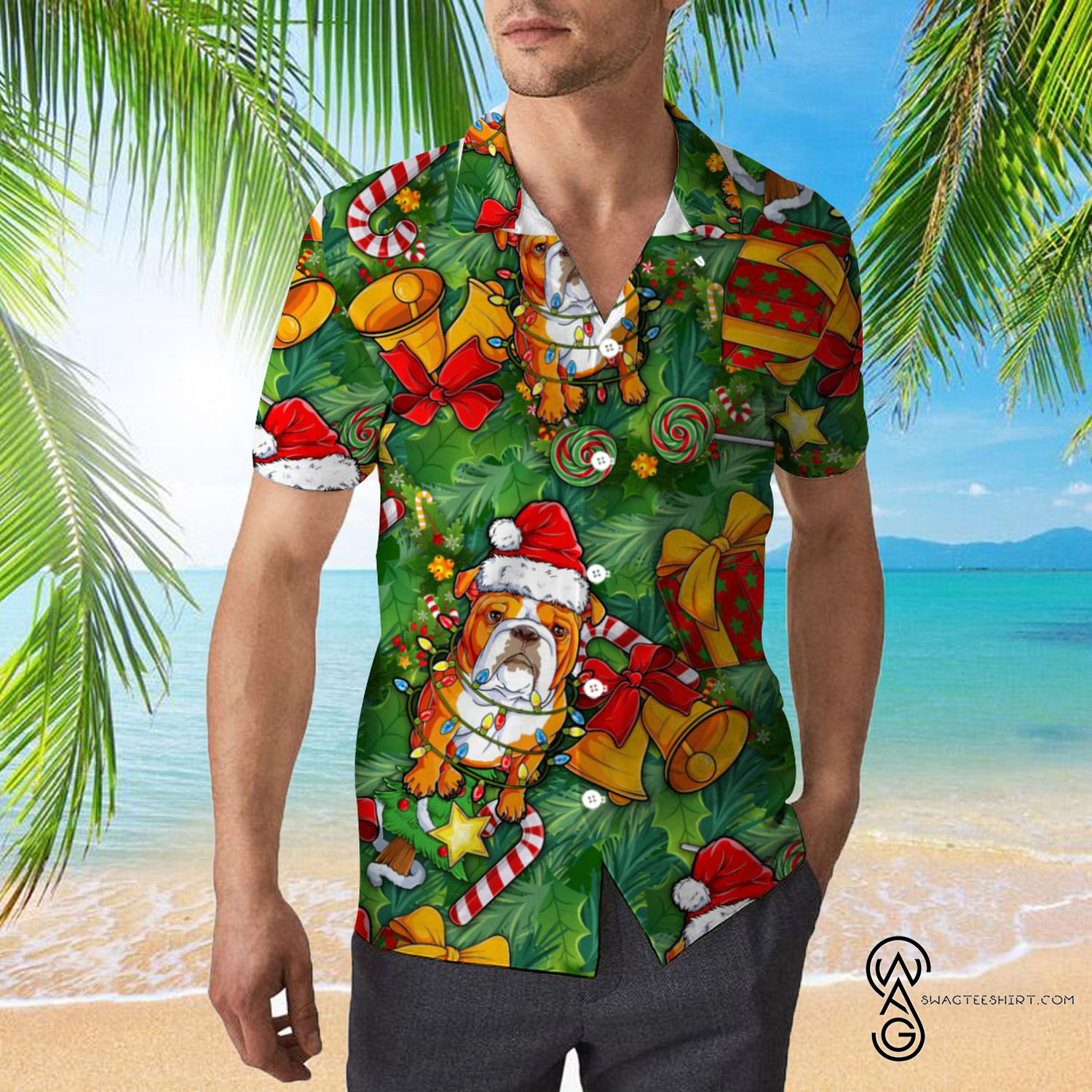 [Top Trending] Bulldog Wearing Santa Hat Christmas Lights Christmas Pattern Hawaiian Aloha Shirt